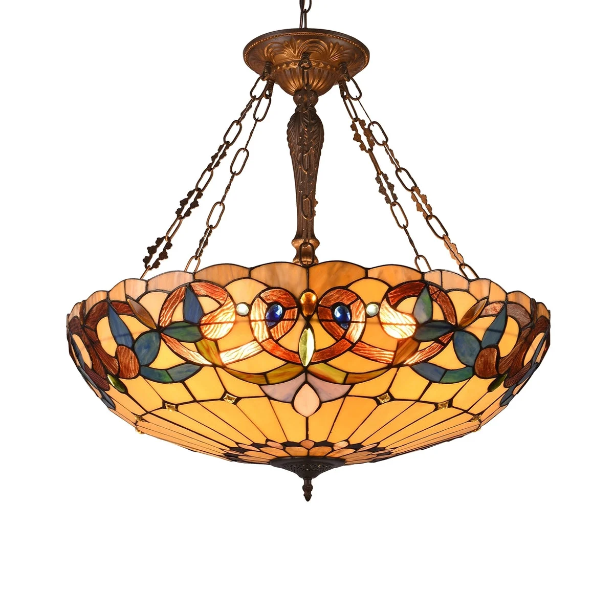Chloe Lighting SERENITY Tiffany-Style 4-Light Victorian Ceiling Pendant, 28" Wide, Handcrafted Stained Glass in Dark Antique Bronze