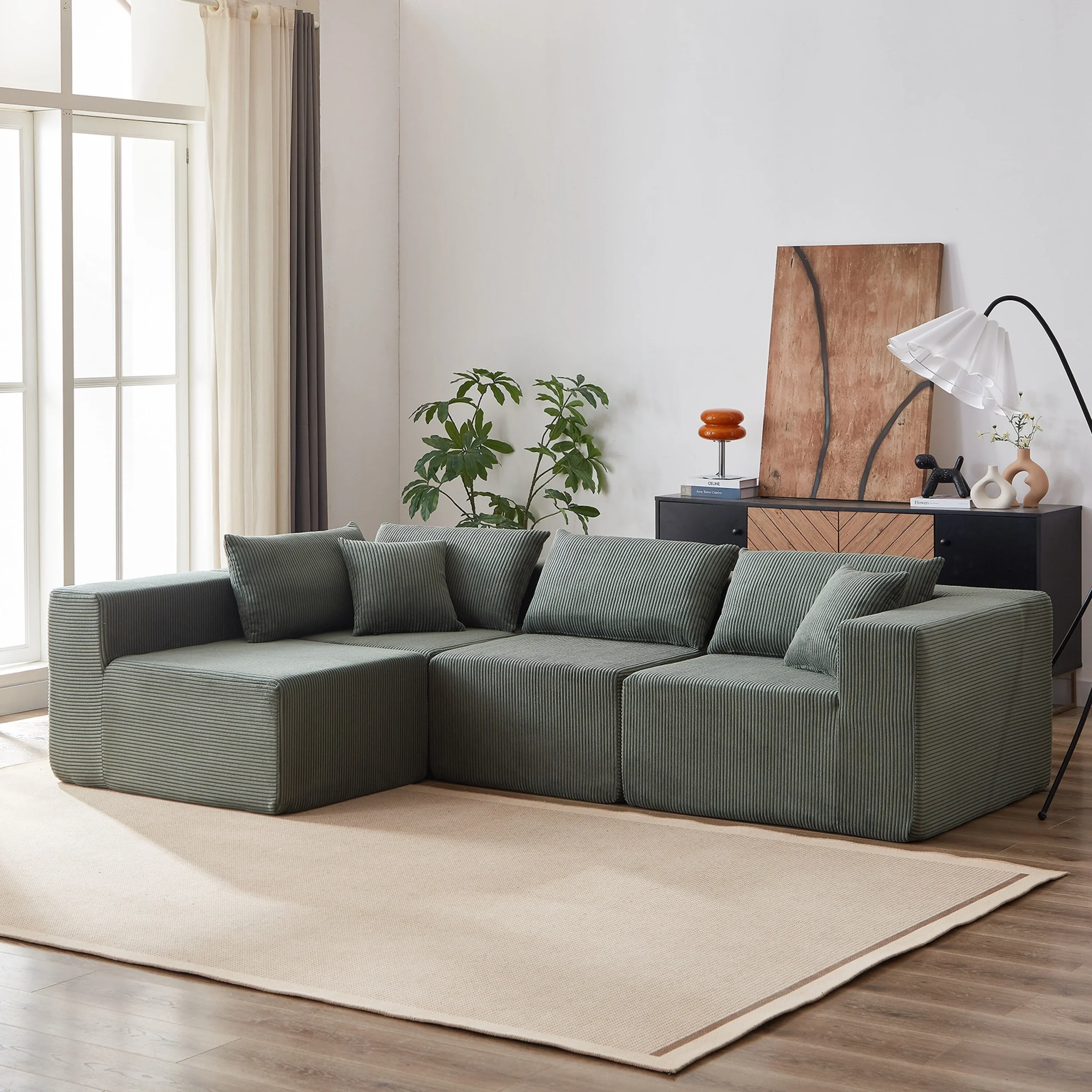 104-Inch Corduroy Modular L Shaped Sectional Sofa,Floor Couch Set,Foam-Filled Compressed Sofa,4 PC Free Combination