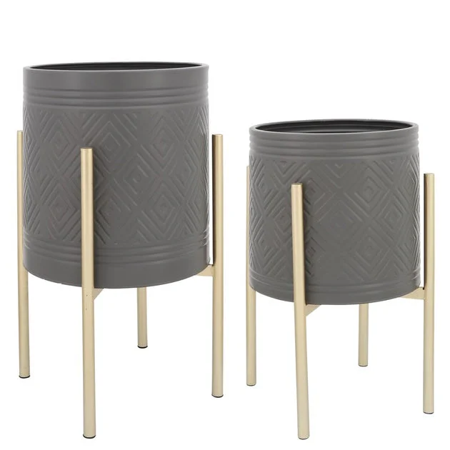 Aztec Planters on Metal Stands Set of 2 - Gray/Gold