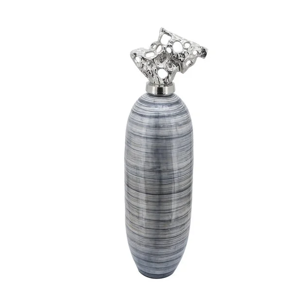 34" Glass Vase with Abstract Aluminum Lid - Brown