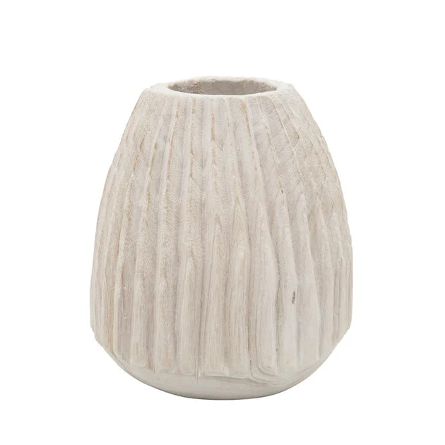 8" Ridged Wood Vase - White