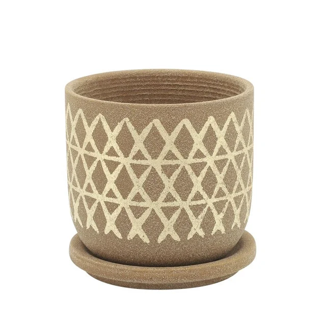5" Cross Ceramic Planter with Saucer - Tan