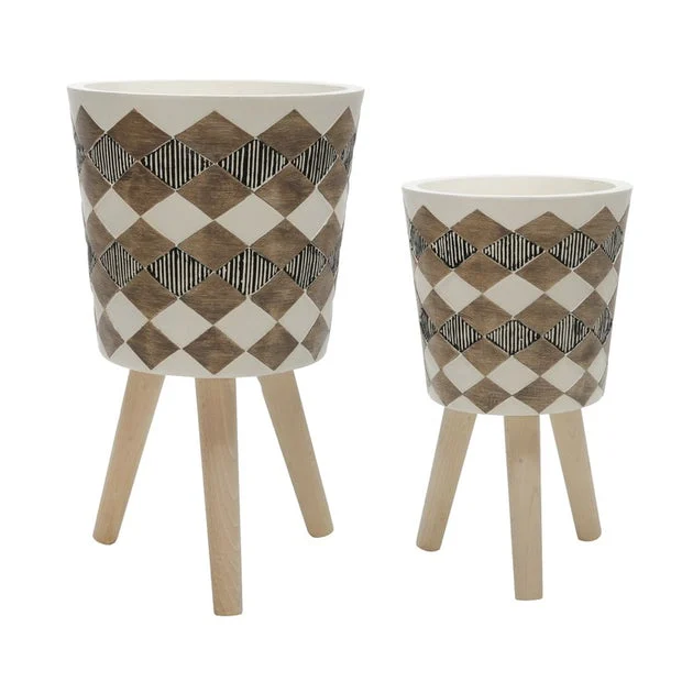 10"/12" Harlequin Diamond Ceramic Planters with Wood Legs Set of 2 - Brown (Knockdown Design)