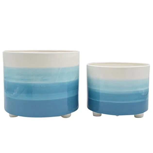 10"/12" Tonal Stripes Footed Ceramic Planters Set of 2 - Blue