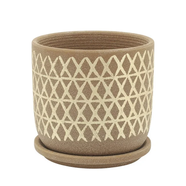 6" Cross Ceramic Planter with Saucer - Tan
