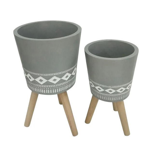 10"/12" Tribal Diamond Ceramic Planters with Wood Legs Set of 2 - Gray (Knockdown Design)