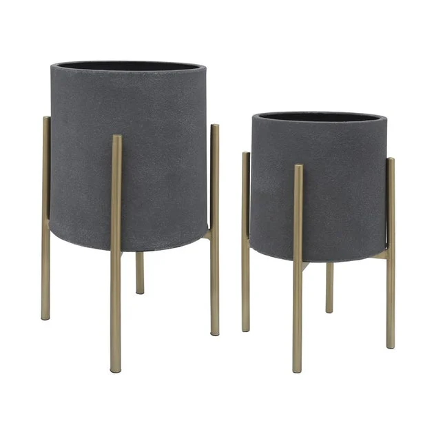 Planters on Metal Stands Set of 2 - Gray/Gold