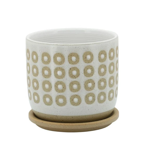 6" Circles Ceramic Planter with Saucer - White