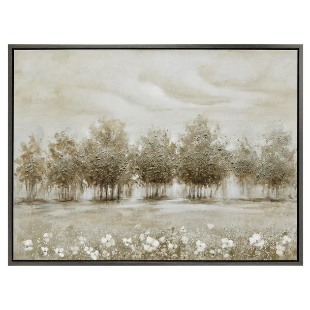 47" x 35" Trees and Flowers Handpainted Canvas Wall Art - Multi