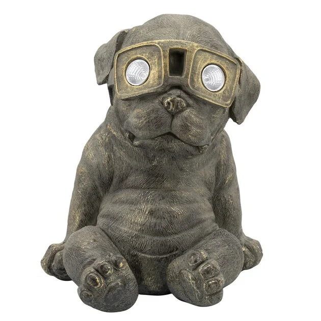 15" Polyresin Slouching Dog with Solar Lights - Antique Gold