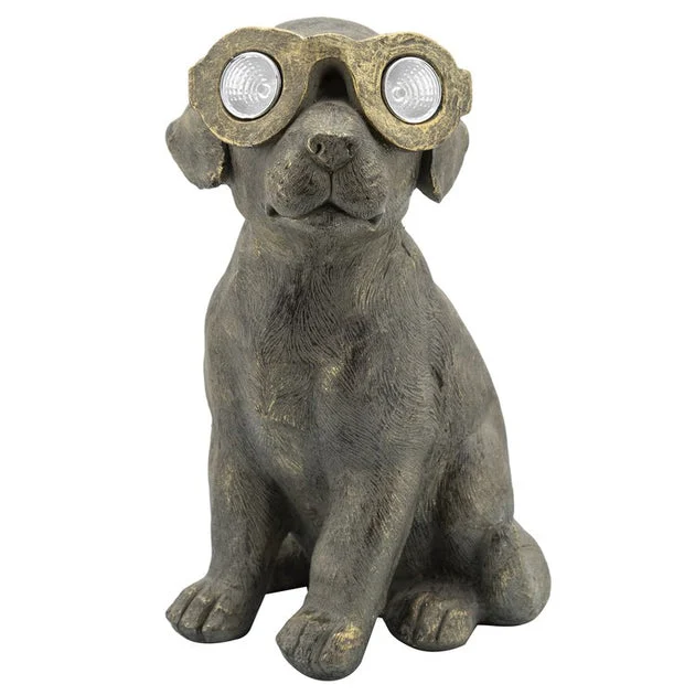 15" Polyresin Sitting Dog with Solar Lights - Antique Gold