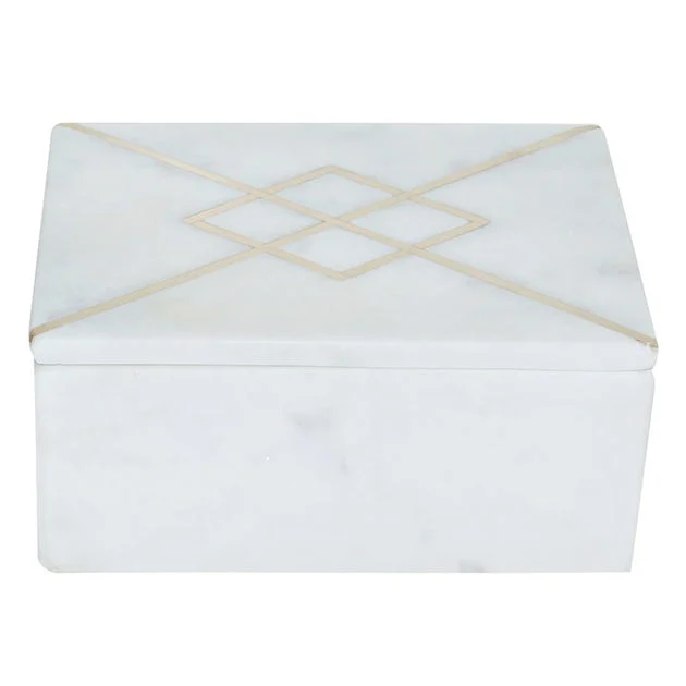 7" x 5" Marble Rectangular Box with Brass Inlay - White