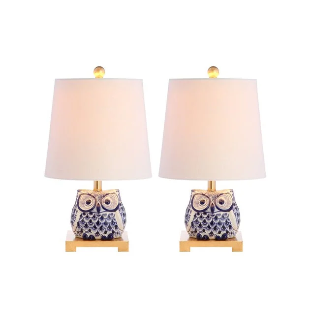 Justina Mini Ceramic Owl Table Lamps Set of 2 - Blue and White
