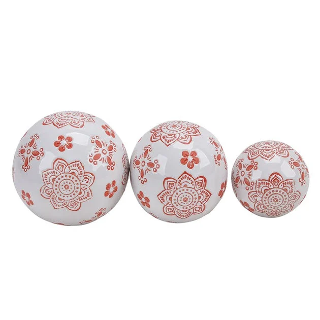 4"/5"/6" Ceramic Lotus Orbs Set of 3 -White/Red