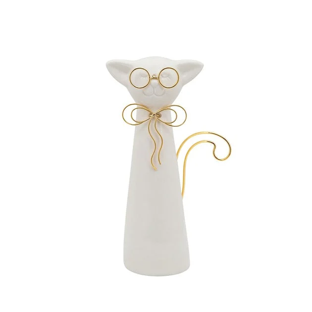 8" Ceramic Cat with Glasses Figurine - White