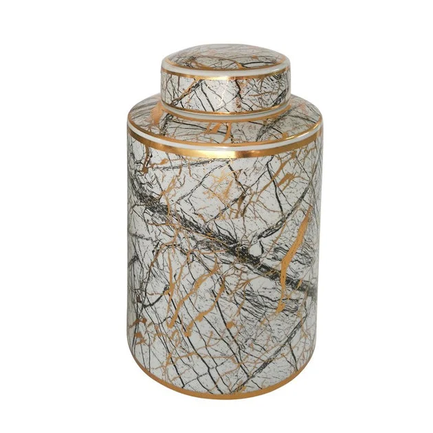 12" Ceramic Jar with Gold Lid - White
