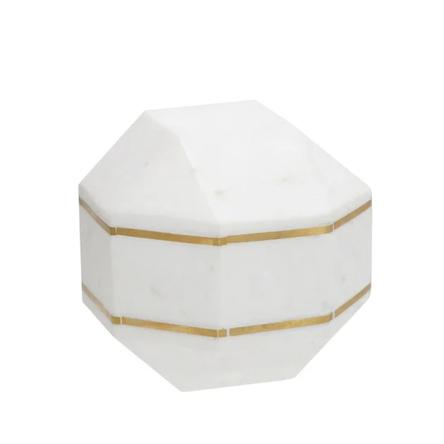 6" Marble Octagon Orb with Gold Metal Inlay - White