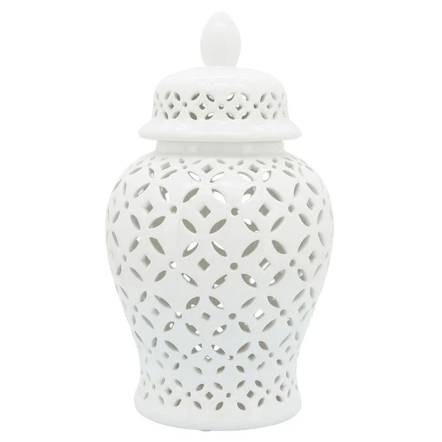 18" Cut-Out Daisies Temple Jar - White