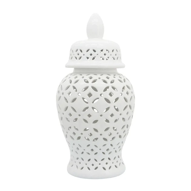 24" Cut-Out Daisies Temple Jar - White
