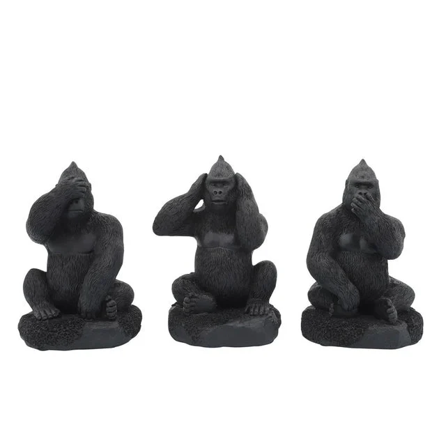 Polyresin Hear No/See No/Speak No Gorillas Set of 3 - Black