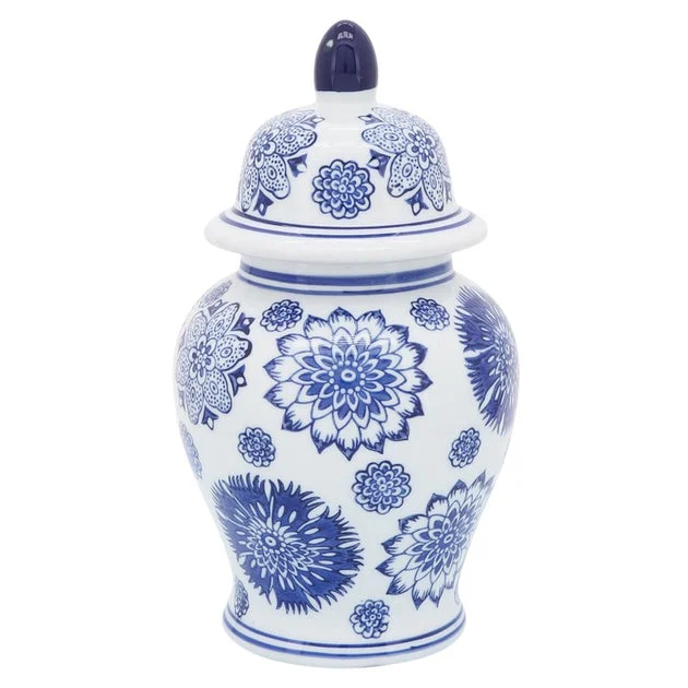 10" Ceramic Assorted Flowers Temple Jar - Blue