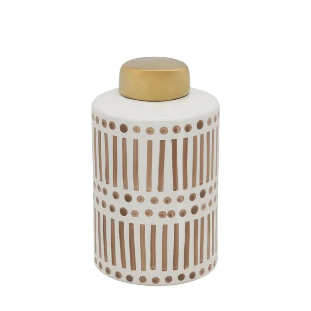 9" Dots and Dashes Ceramic Jar with Gold Lid - Tan