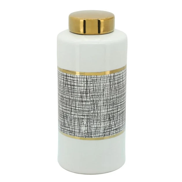 13" Ceramic Jar with Gold Lid - White/Gray