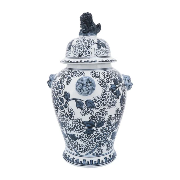 18" Ceramic Lion Heads Temple Jar - Blue
