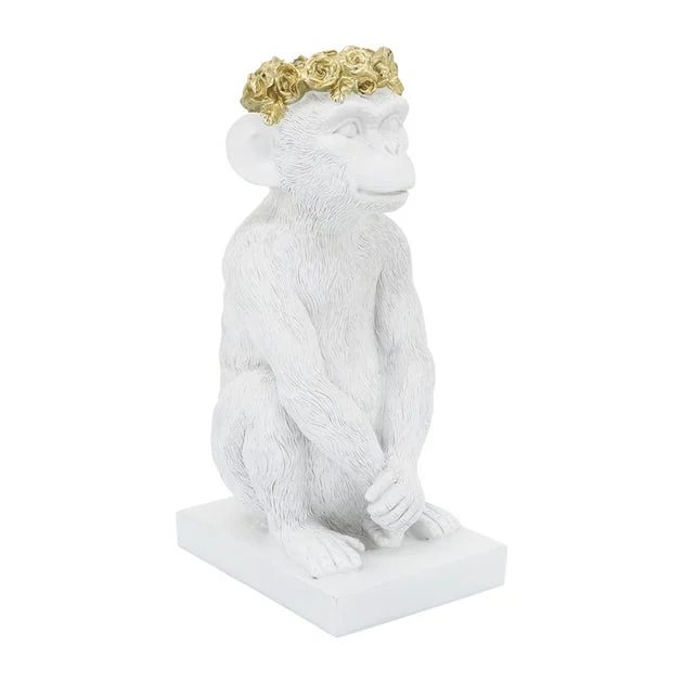 14" Polyresin Monkey Figurine with Flower Crown - White/Gold