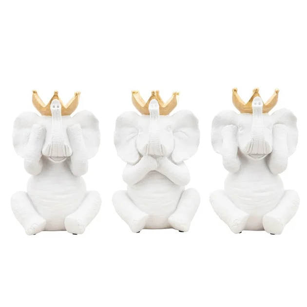Polyresin Hear No/See No/Speak No Elephant Figurines in Crowns Set of 3 - White/Gold