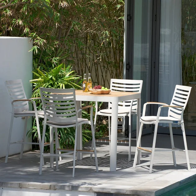 Portals Five-Piece Outdoor Patio Aluminum Bar Set with Natural Teak wood Accent Top in Light Matte Sand Finish