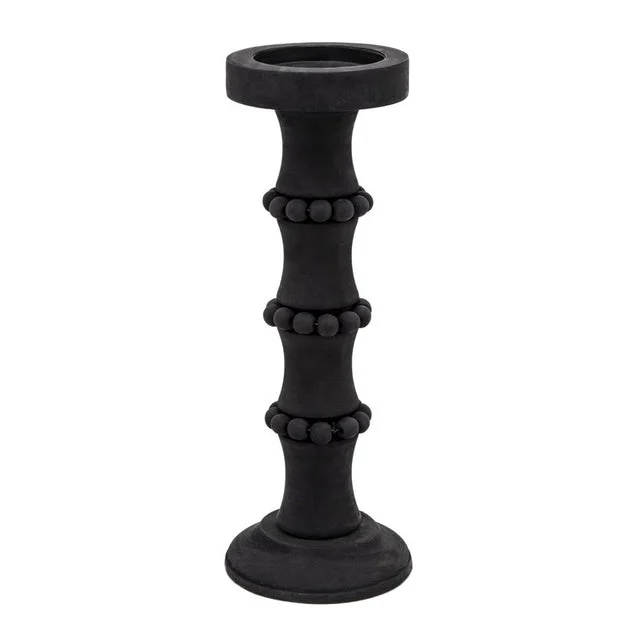 14" Banded Bead Wood Candle Holder - Black