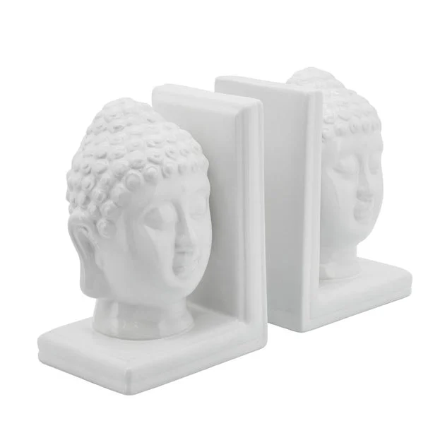 8" Buddha Head Bookends Set of 2 - White