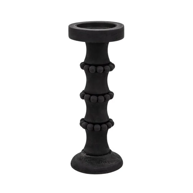 13" Banded Bead Wood Candle Holder - Black