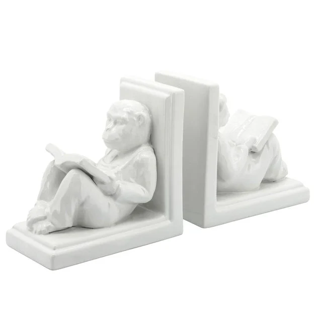 7" Ceramic Reading Monkey Bookends Set of 2 - White