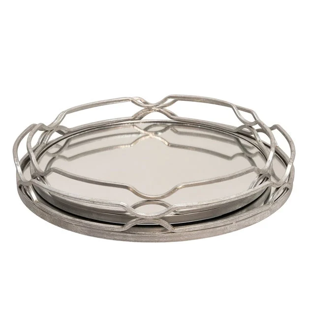 16"/18" Round Metal Trays with Mirrored Bottoms Set of 2 - Silver Leaf