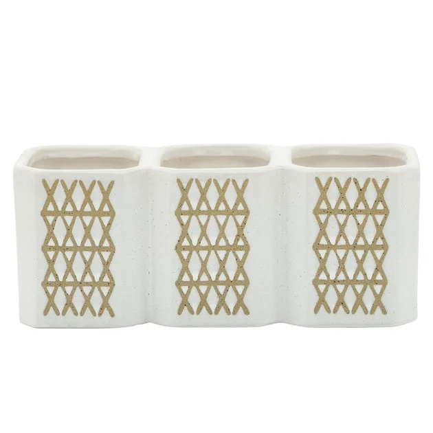 Three-Cup Pen Holder with X Design- Beige