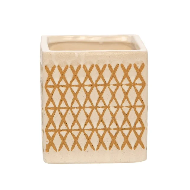 4" Ceramic Square X-Design Pen Holder - Cream