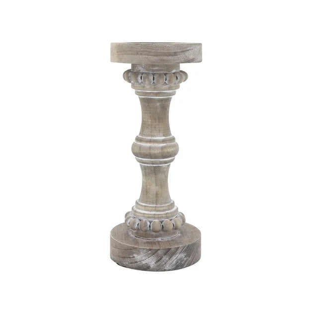 11" Banded Bead Wood Candle Holder - Antique White