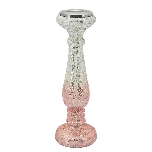 15" Crackled Glass Candlestick Candle Holder - Blush