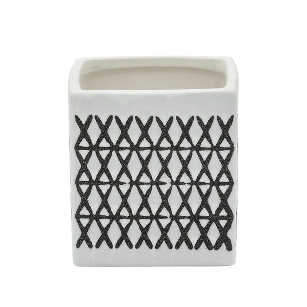 4" Ceramic Square X-Design Pen Holder - Black