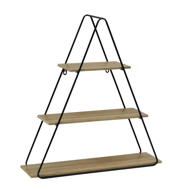 Three-Tier Triangular Metal and Wood Wall Shelf - Black/Brown