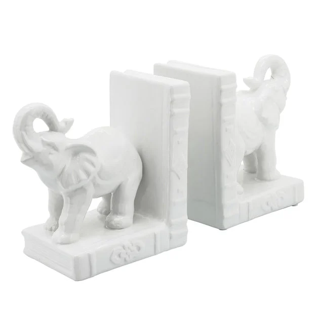 Ceramic 6" Standing Elephant Bookends Set of 2 - White