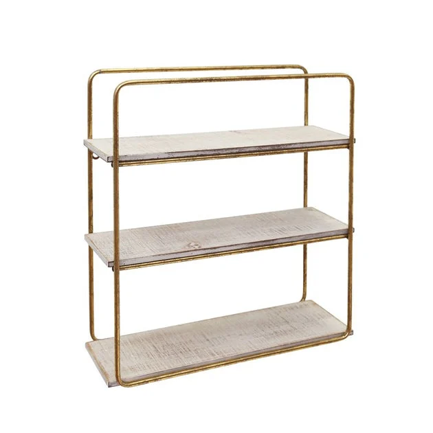 Three-Tier Metal and Wood Wall Shelf - Gold/White