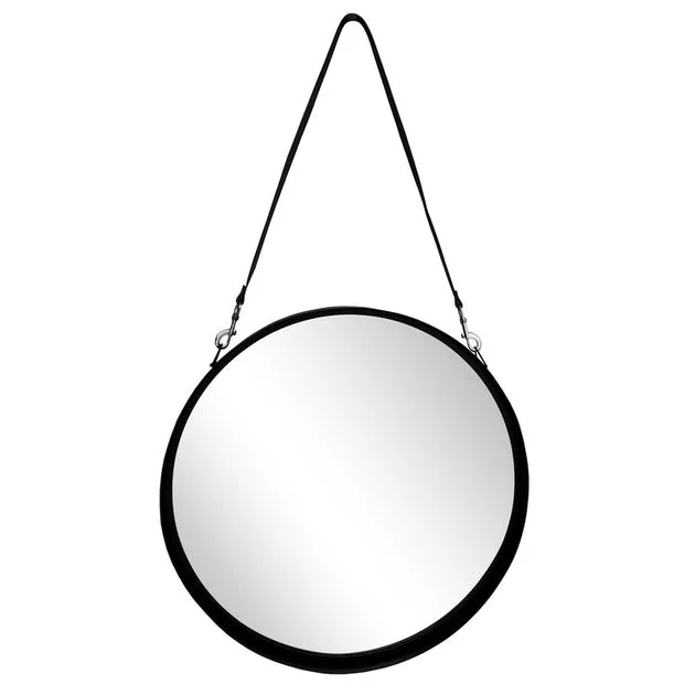 28" Round Mirror with Leather Strap - Black