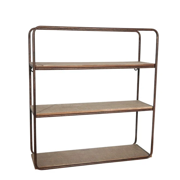 Three-Tier Metal and Wood Wall Shelf - Bronze/Brown