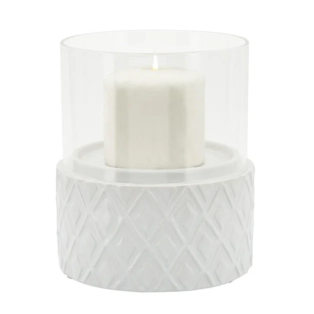 6" Diamond Pattern Ceramic/Glass Pillar Candle Holder - White
