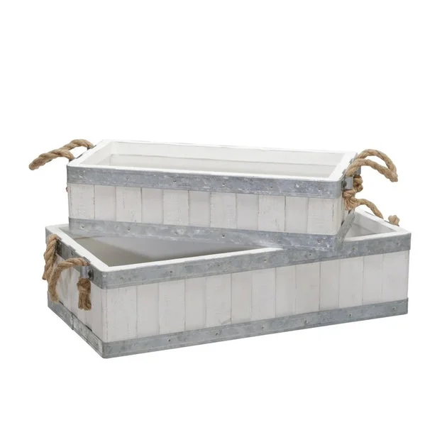 16"/19" Wooden Trays with Rope Handles Set of 2 - White