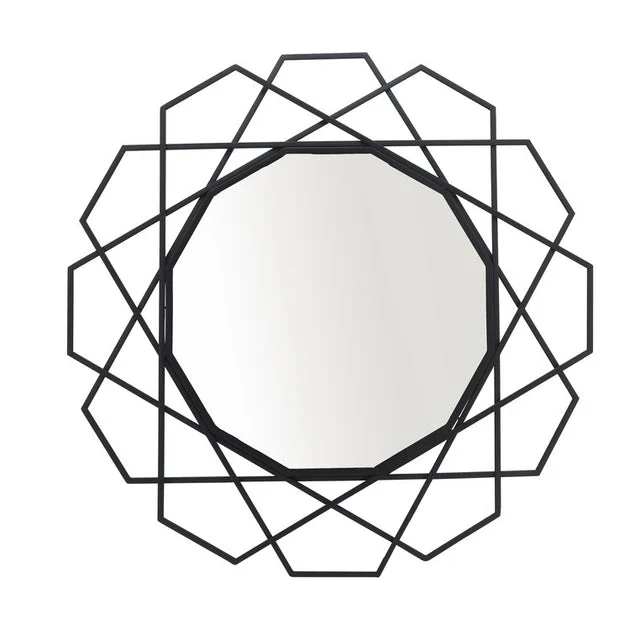 35" Metal Round Geometric Wall Mirror - Black
