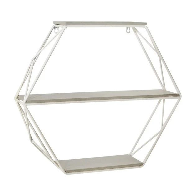 Three-Tier Hexagon Metal and Wood Wall Shelf - White/Gray